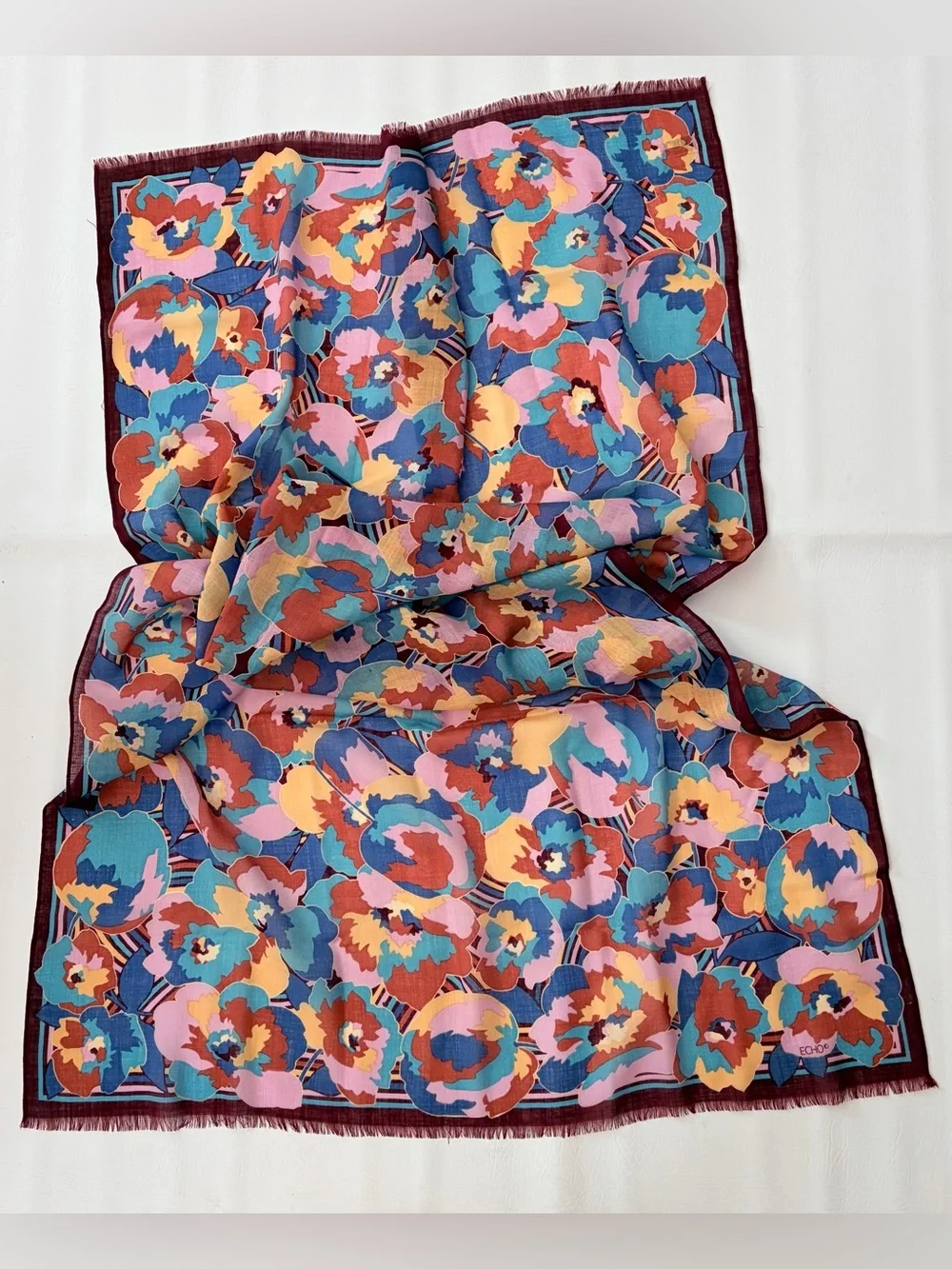 Echo Scarf Wrap Oblong 100% Wool Floral New
